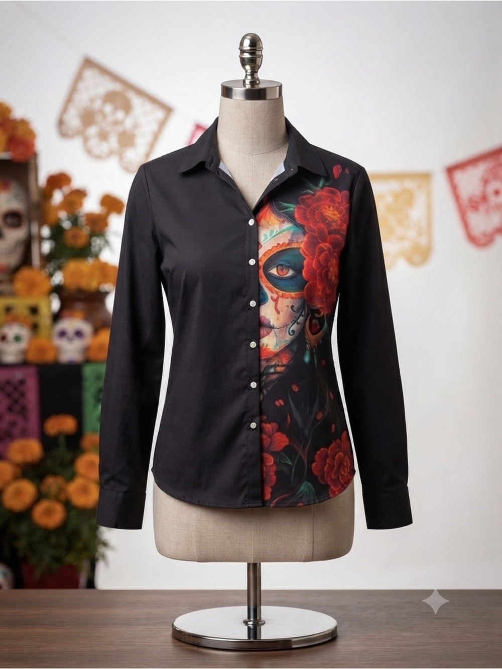 Black Button-Up Shirt with Vibrant Day of the Dead Face & Red Flowers
